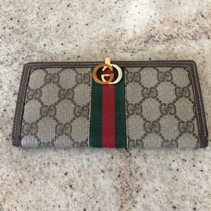 Vintage Gucci Wallet Bi-Fold Brown Leather Trimmed GG Monogram Logo
